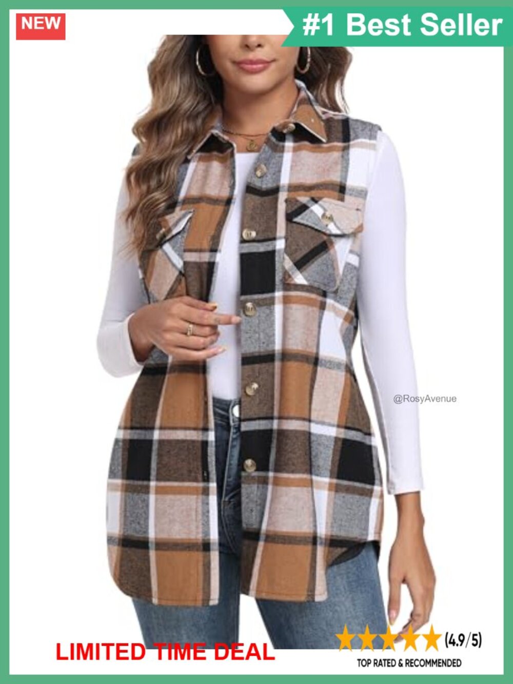 Flannel Plaid Long Vest Sleeveless Shacket Shirt with Pockets